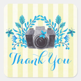 Camera With Blue Leaves And Butterflies Thank You Square Sticker