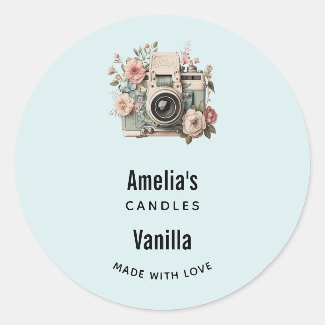 Camera with Flowers Retro Pastel Candle Business Classic Round Sticker (Front)
