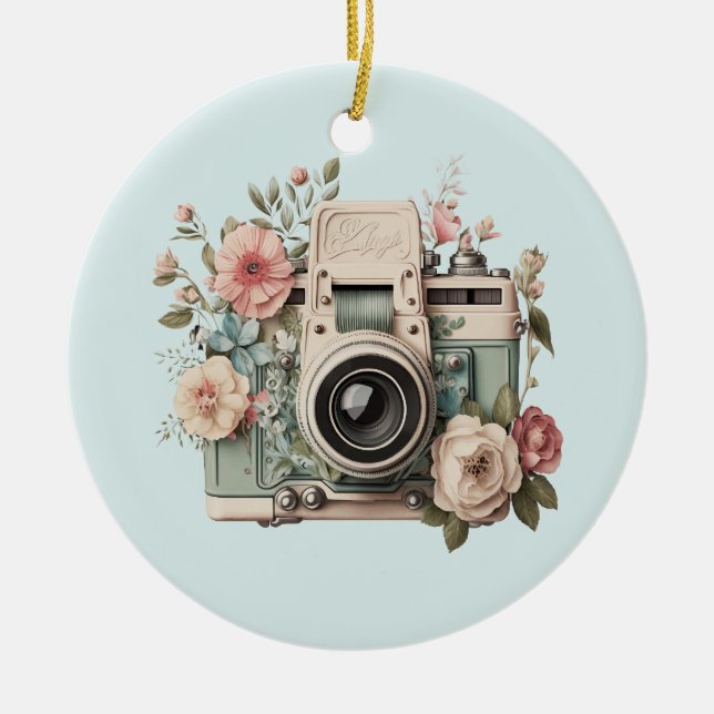 Camera with Flowers Retro Pastel Ceramic Ornament (Front)
