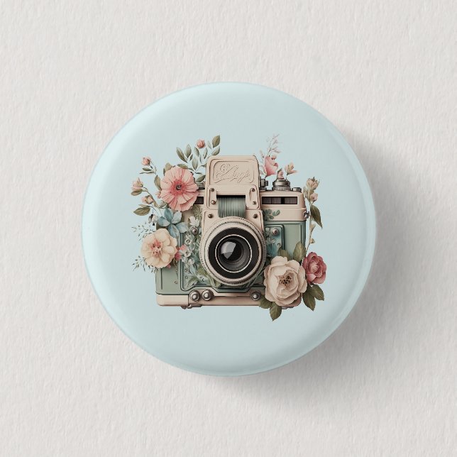 Camera with Flowers Retro Pastel Image 3 Cm Round Badge (Front)