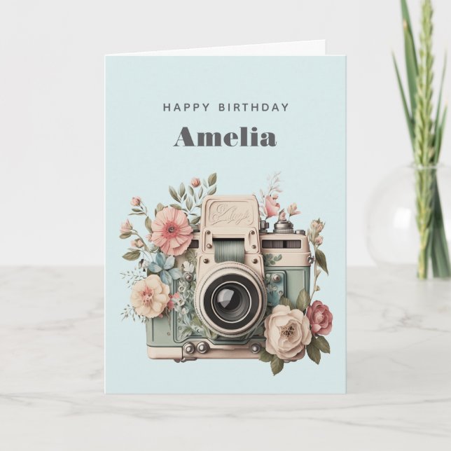 Camera with Flowers Retro Pastel Image Birthday Card (Front)