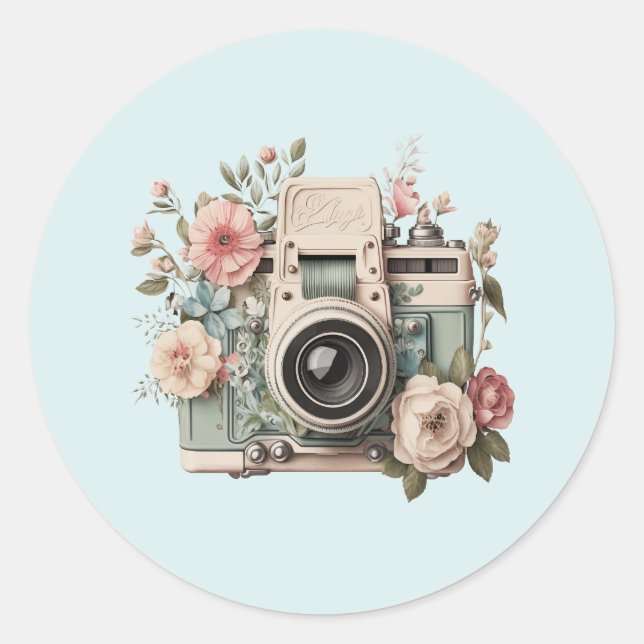 Camera with Flowers Retro Pastel Image Classic Round Sticker (Front)