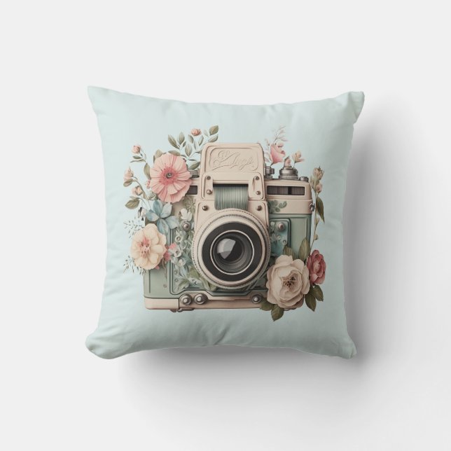 Camera with Flowers Retro Pastel Image Cushion (Front)