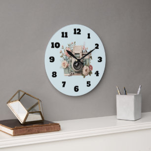 Camera with Flowers Retro Pastel Image Large Clock
