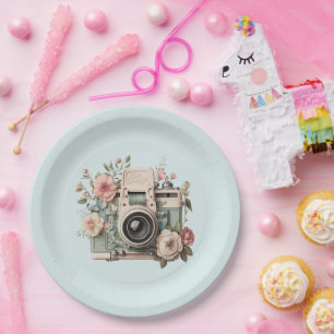 Camera with Flowers Retro Pastel Image Paper Plate