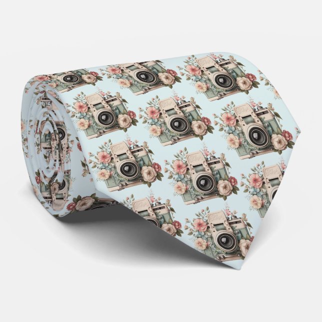 Camera with Flowers Retro Pastel Image Pattern Tie (Rolled)