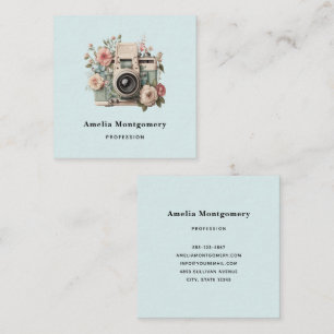 Camera with Flowers Retro Pastel Image Square Business Card