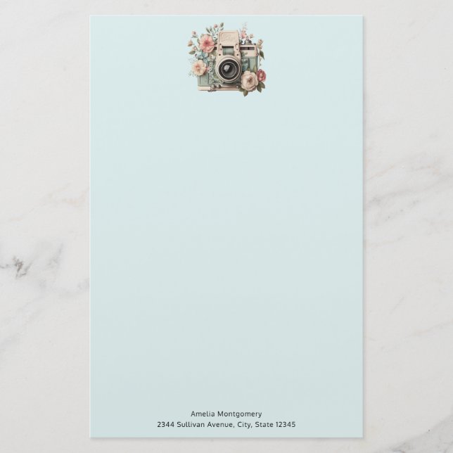 Camera with Flowers Retro Pastel Image Stationery (Front)