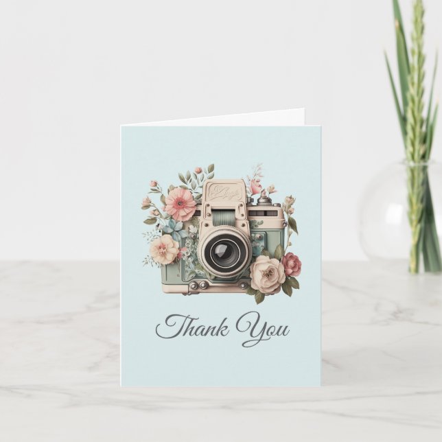 Camera with Flowers Retro Pastel Image Thank You Card (Front)