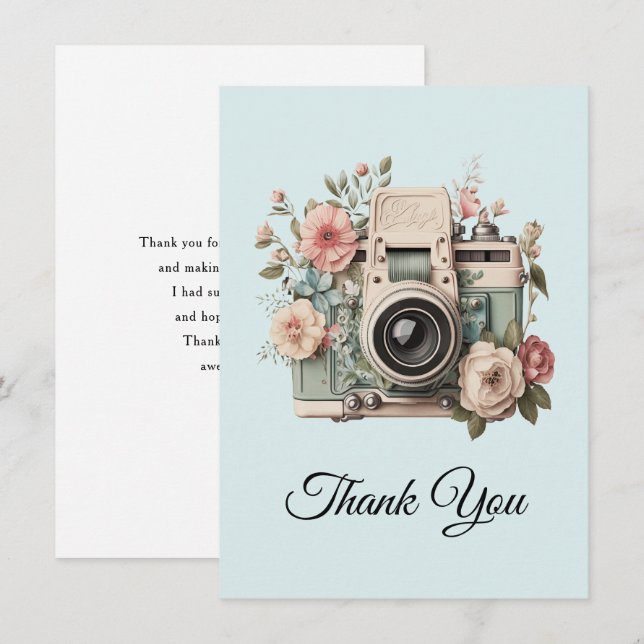 Camera with Flowers Retro Pastel Image Thank You Card (Front/Back)