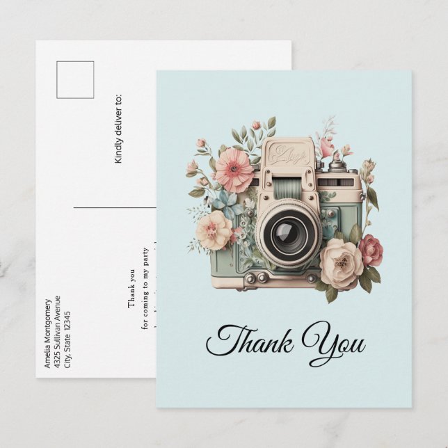 Camera with Flowers Retro Pastel Image Thank You Postcard (Front/Back)