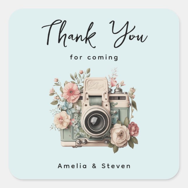 Camera with Flowers Retro Pastel Wedding Thank You Square Sticker (Front)
