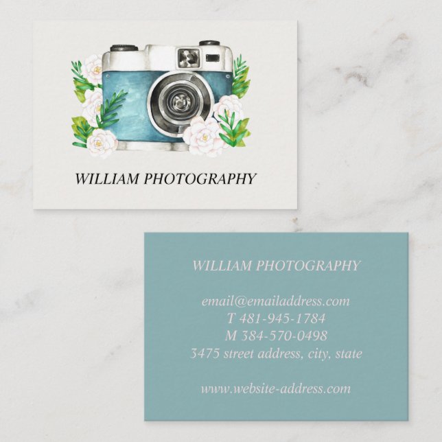 Camera with Watercolor Flowers Business Card (Front/Back)