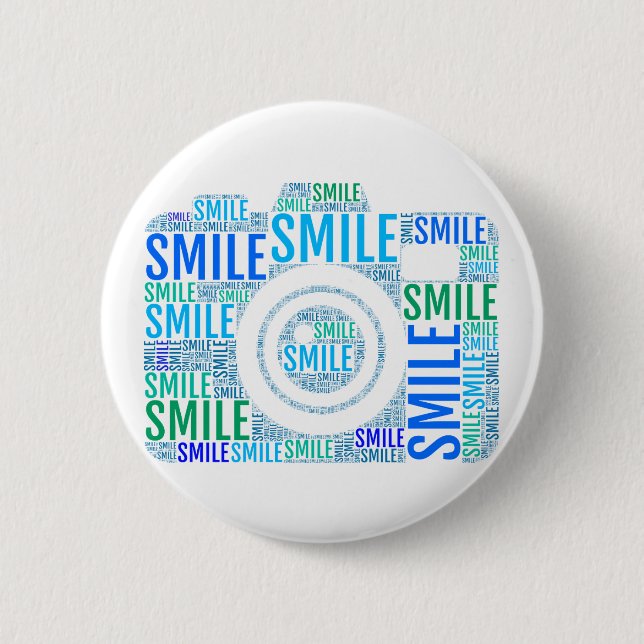 Camera word art, text design smile 6 cm round badge (Front)