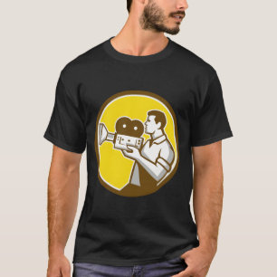 Cameraman Cradling Vintage Movie Camera Circle Ret T-Shirt