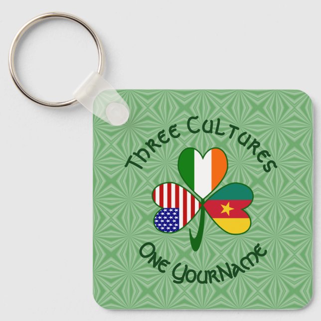 Cameroonian Irish American Flags Shamrock Personal Key Ring (Front)