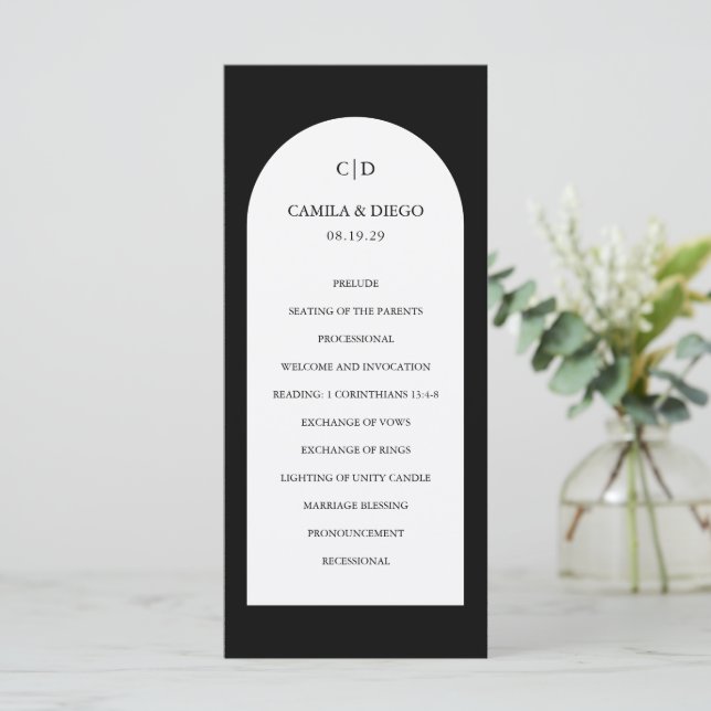 Camila Black Arch Modern Wedding Program (Standing Front)