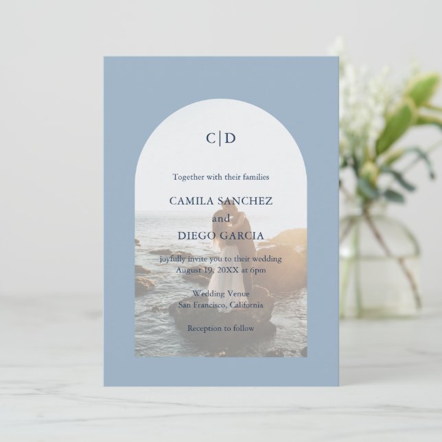 Camila Dusty Blue Arch Modern Wedding Invitation (Standing Front)