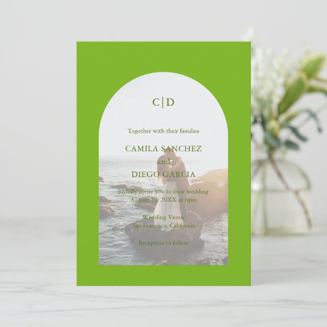 Camila Green Arch Modern Wedding Invitation (Standing Front)