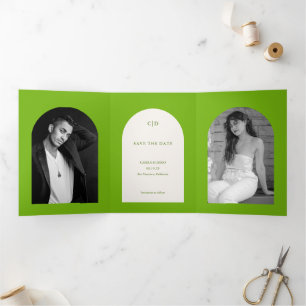 Camila Green Arch Modern Wedding Save the Date Tri-Fold Announcement