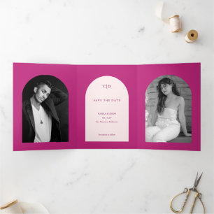 Camila Pink Arch Modern Wedding Save the Date Tri-Fold Announcement