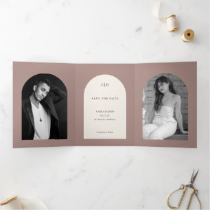 Camila Taupe Arch Modern Wedding Save the Date Tri-Fold Announcement