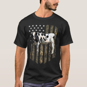 Camo American Flag Black White Cow 4th Of July Far T-Shirt