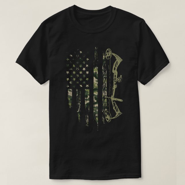 Camo American Flag Bowhunting Bow Archery Deer Hun T-Shirt (Design Front)