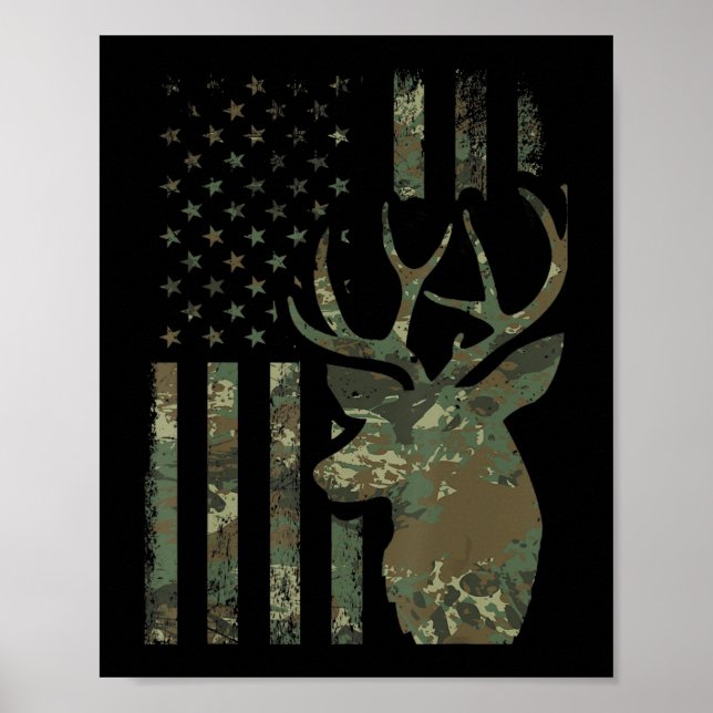 Camo American Flag Buck Hunting Gift for Elk Deer  Poster (Front)