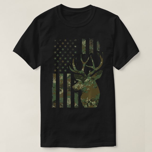 Camo American Flag Buck Hunting Gift for Elk Deer  T-Shirt (Design Front)