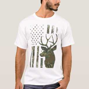 Camo American Flag Buck Hunting Gift For Elk  T-Shirt