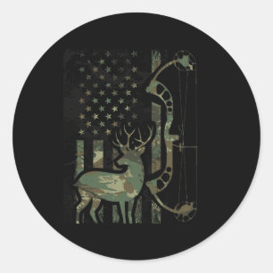 Camo American Flag Buck Hunting Men Recurve Bow Hu Classic Round Sticker