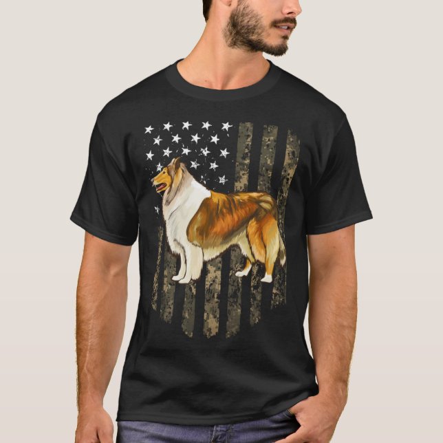 Camo American Flag Collie 4th Of July USA T-Shirt (Front)
