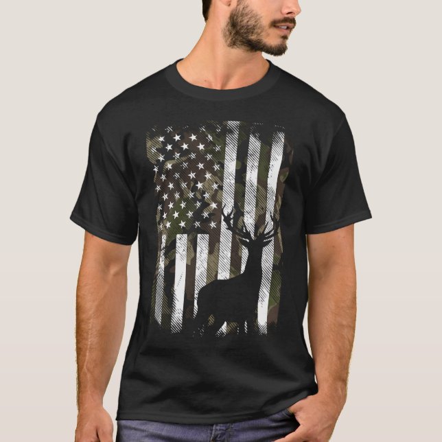 Camo American Flag Deer Elk Buck Hunting Usa Hunte T-Shirt (Front)