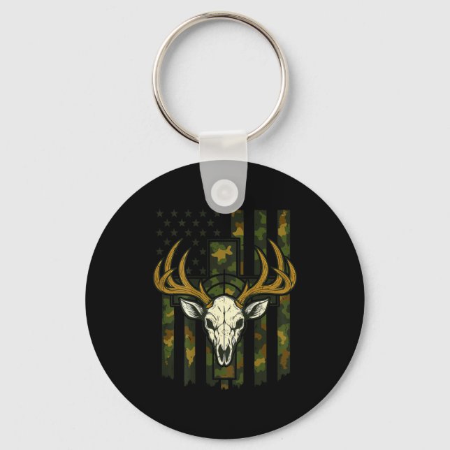 Camo American Flag Elk Skull Deer Hunting Youth Bo Key Ring (Front)