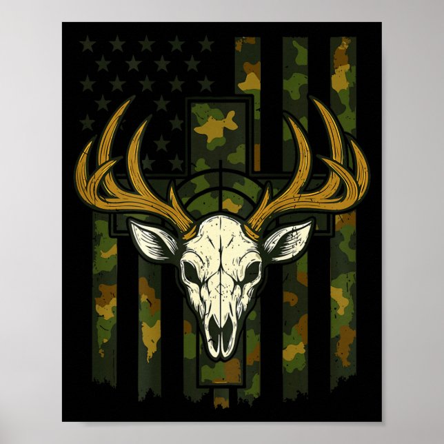 Camo American Flag Elk Skull Deer Hunting Youth Bo Poster (Front)