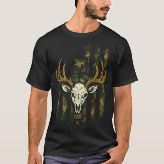 Camo American Flag Elk Skull Deer Hunting Youth T-Shirt