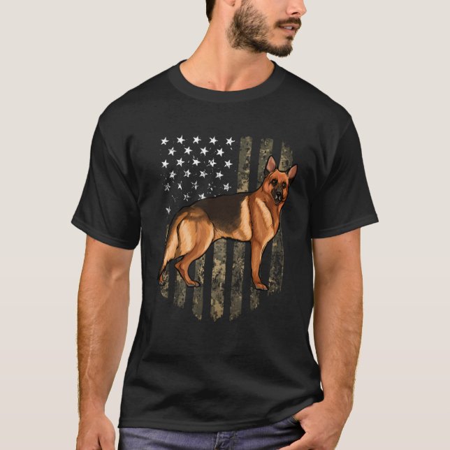 Camo American Flag German Shepherd 4th Of July USA T-Shirt (Front)