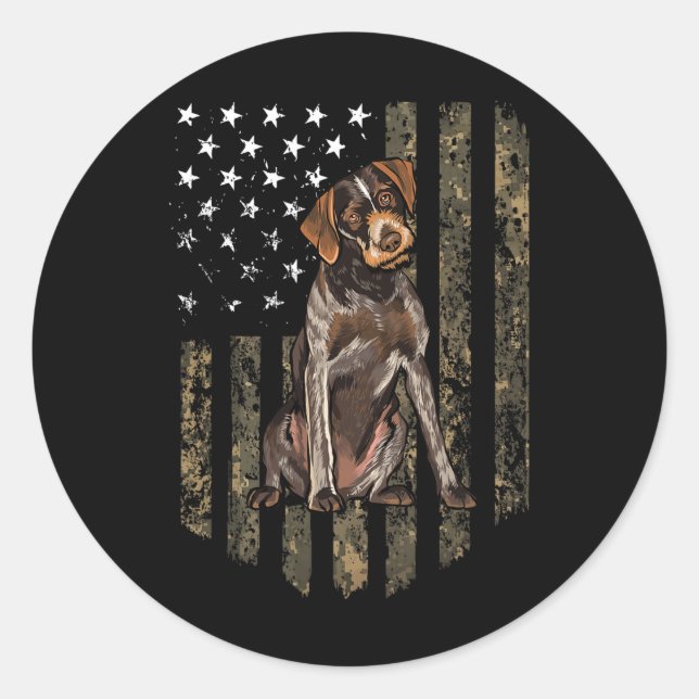 Camo American Flag German Wirehaired Pointer 4th O Classic Round Sticker (Front)