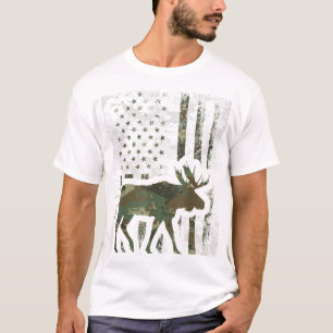 Camo American Flag Moose Hunting Gift For Hunter   T-Shirt