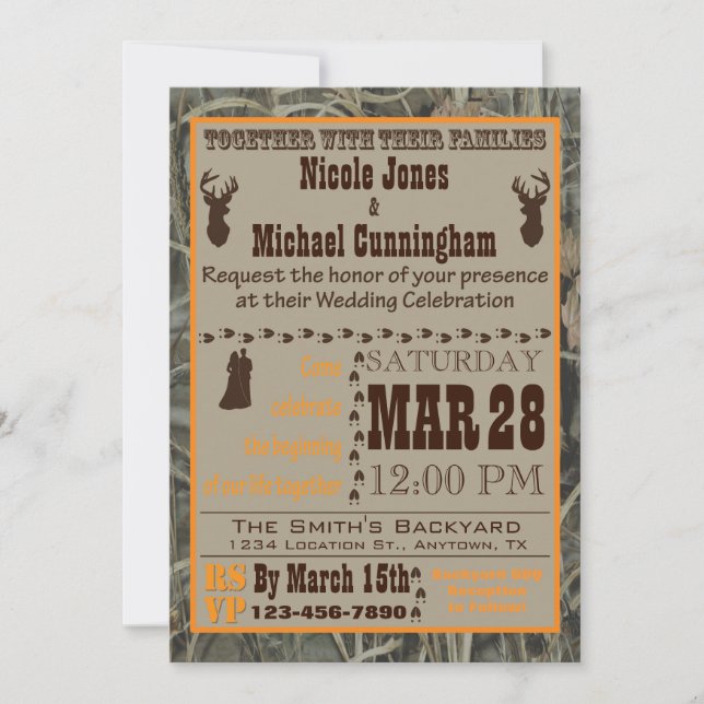 Camo and Hunting Orange Wedding Invitation (Front)