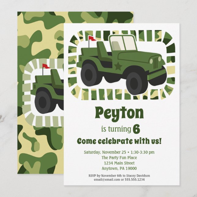 Camo Army Military Boys Birthday Party Invitation (Front/Back)