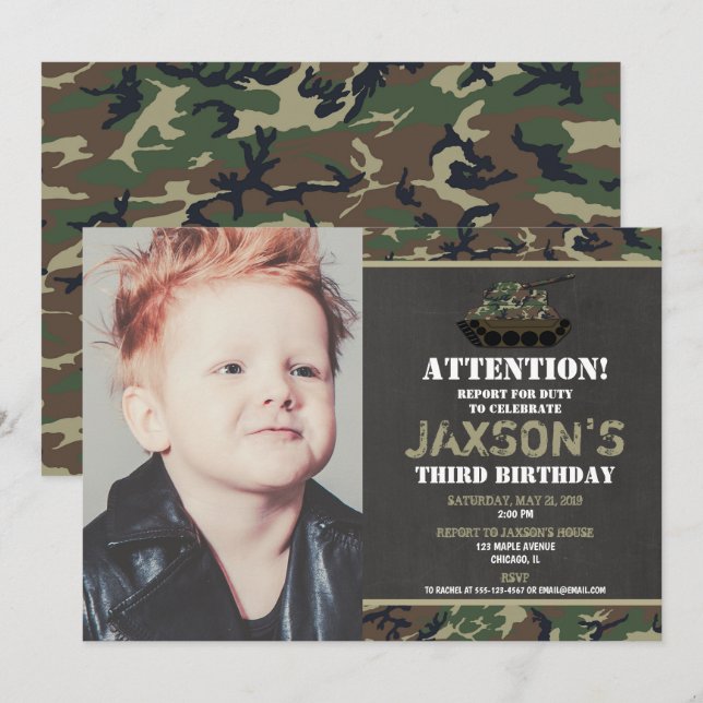 Camo Army tank Camouflage birthday photo Invitation (Front/Back)