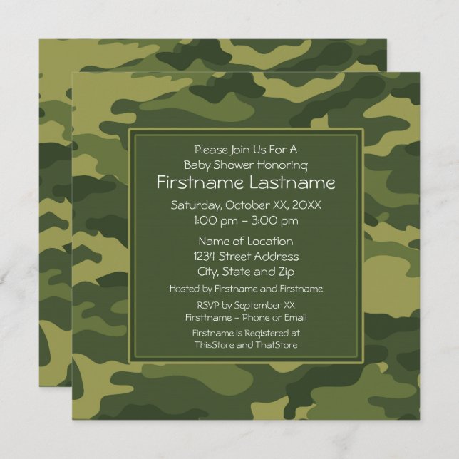 Camo Baby Shower or Party Invitation (Front/Back)