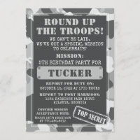 Camo Birthday Party Invitation, Army, Mission