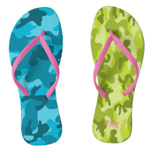 Camo Blue Green Pink Monogram INITIALS Summer Fun Thongs