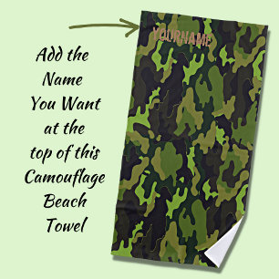 Camo Camouflage - Add Your Name - Green & Grey Beach Towel