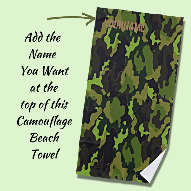 Camo Camouflage - Add Your Name - Green & Grey Beach Towel (Creator Uploaded)