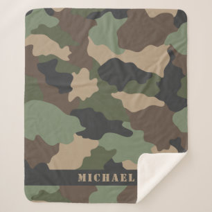 Camo Camouflage Military Khaki Green Tan Monogram Sherpa Blanket