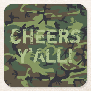 Camo Cheers Y'All Square Paper Coaster